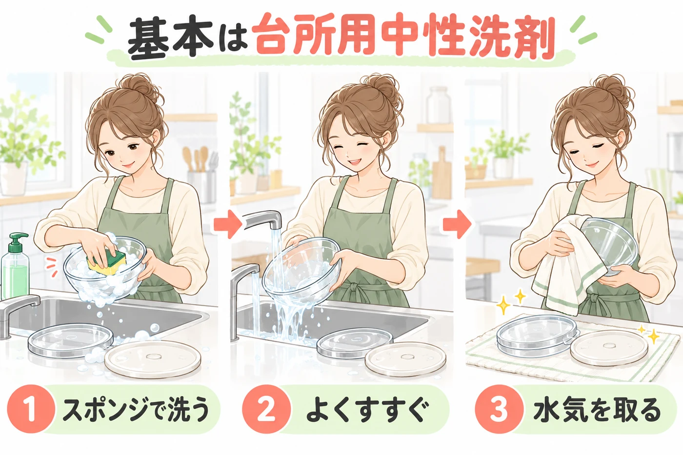 通常部品を中性洗剤で洗ってすすぎ水気を取る流れ