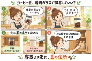 コーヒー豆の保存容器は透明ガラスでいい？遮光・残量・置き場所で選ぶ