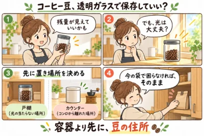 コーヒー豆の保存容器は透明ガラスでいい？遮光・残量・置き場所で選ぶ