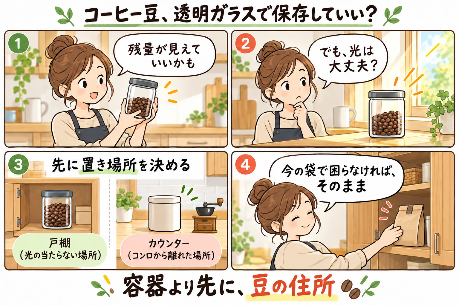 コーヒー豆の保存容器は透明ガラスでいい?遮光・残量・置き場所で選ぶ