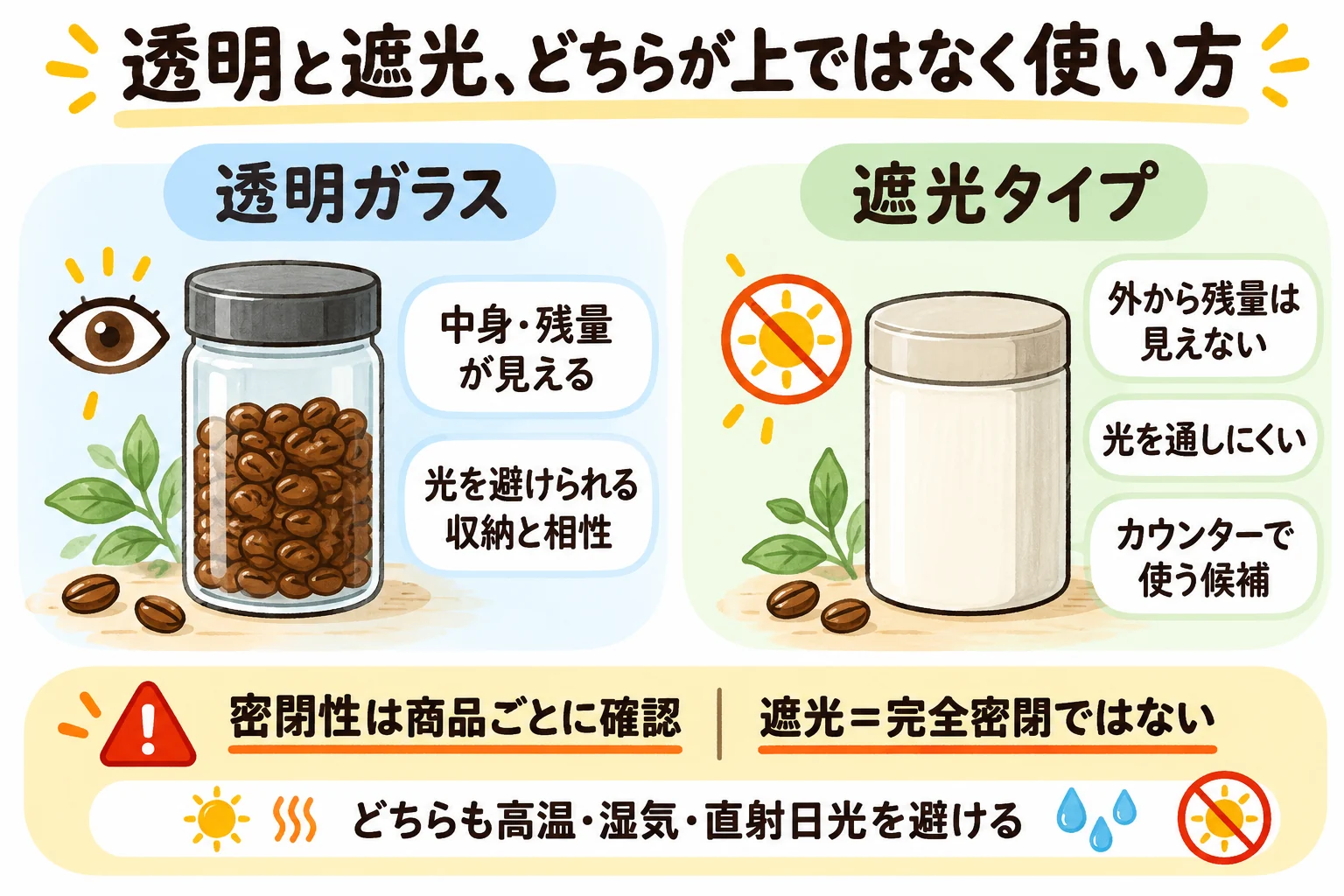 透明容器は残量、遮光容器は光の通しにくさに違いがあり、密閉性は別に確認