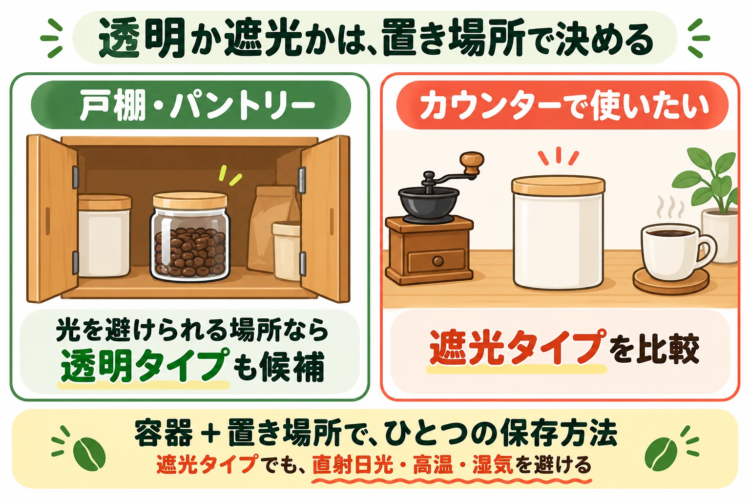 透明ガラスか遮光かを、戸棚とカウンターの置き場所に合わせて選ぶ