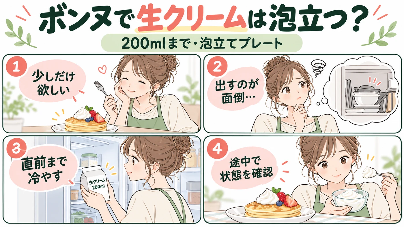 レコルト ボンヌRCP-7で生クリームは泡立つ?200mlまで・6分立て25〜30秒の目安