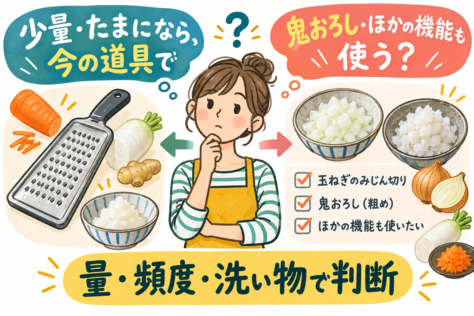 手おろしの量と頻度や洗い物から購入を判断する図