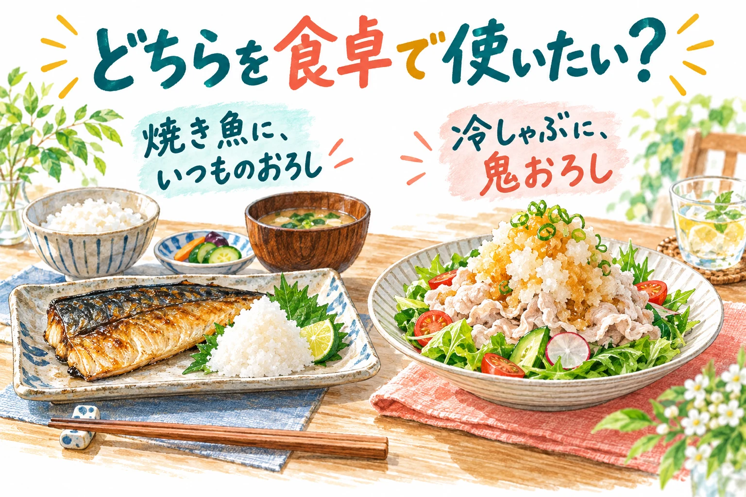 焼き魚の大根おろしと冷しゃぶの鬼おろしを使い分ける料理イメージ