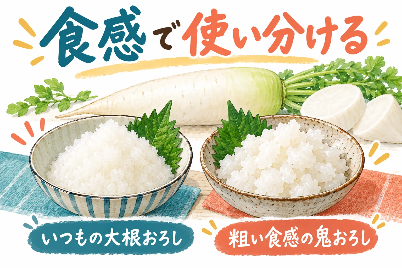 細かい大根おろしと粗い鬼おろしの食感を比較するイメージ