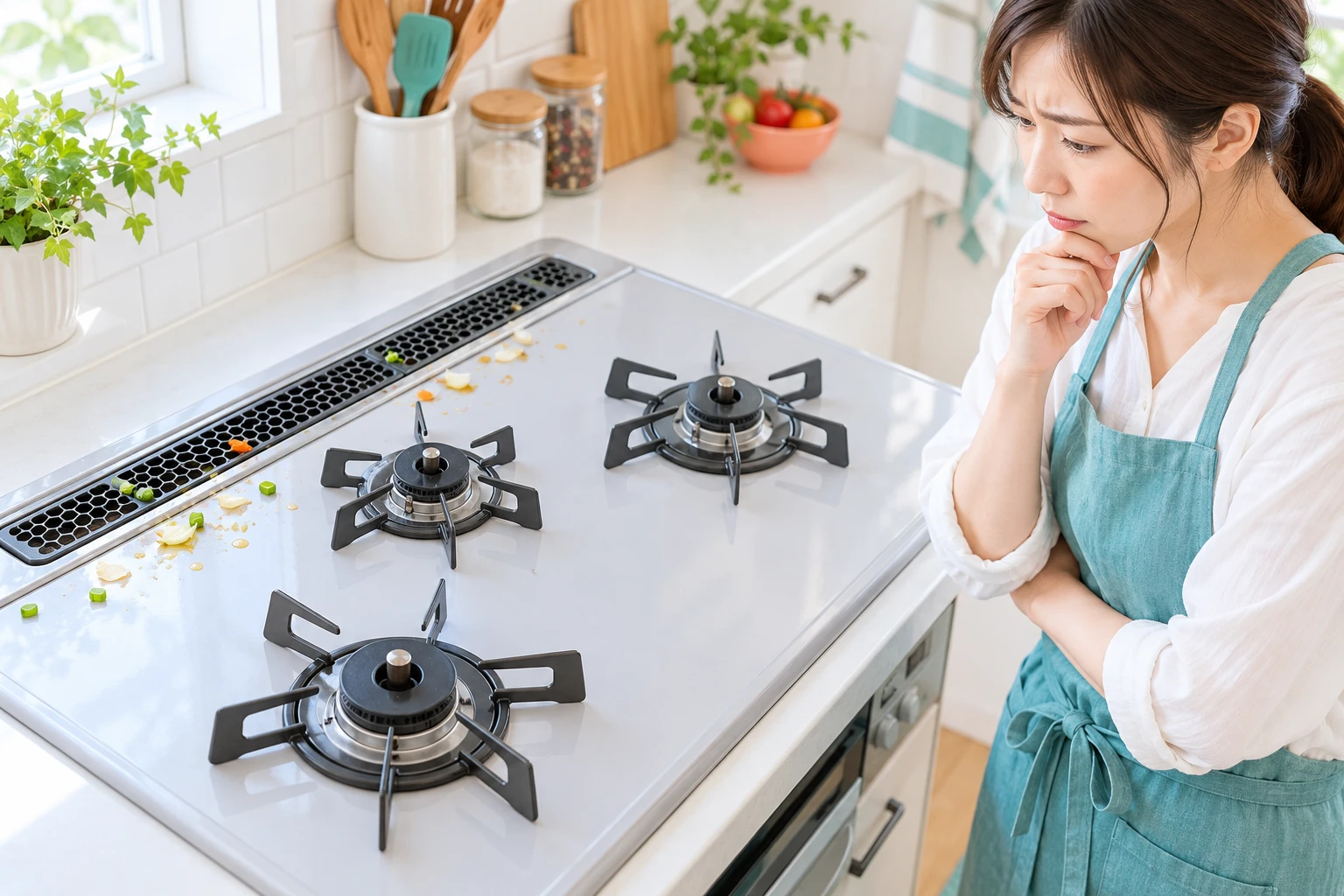 冷めたコンロの奥に食材くずが落ちて困る生活場面