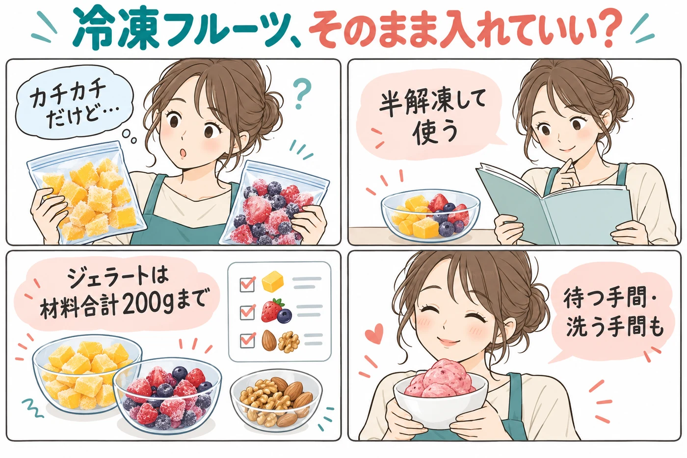 レコルト ボンヌRCP-7で冷凍フルーツはそのまま使える？200gまで・半解凍でジェラートに