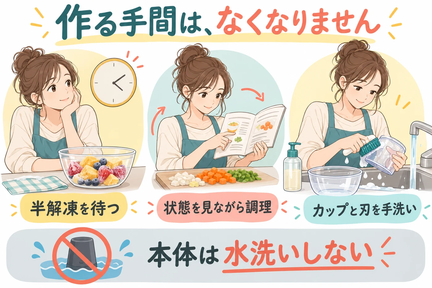 半解凍と調理、部品の手洗いの手間が残る説明