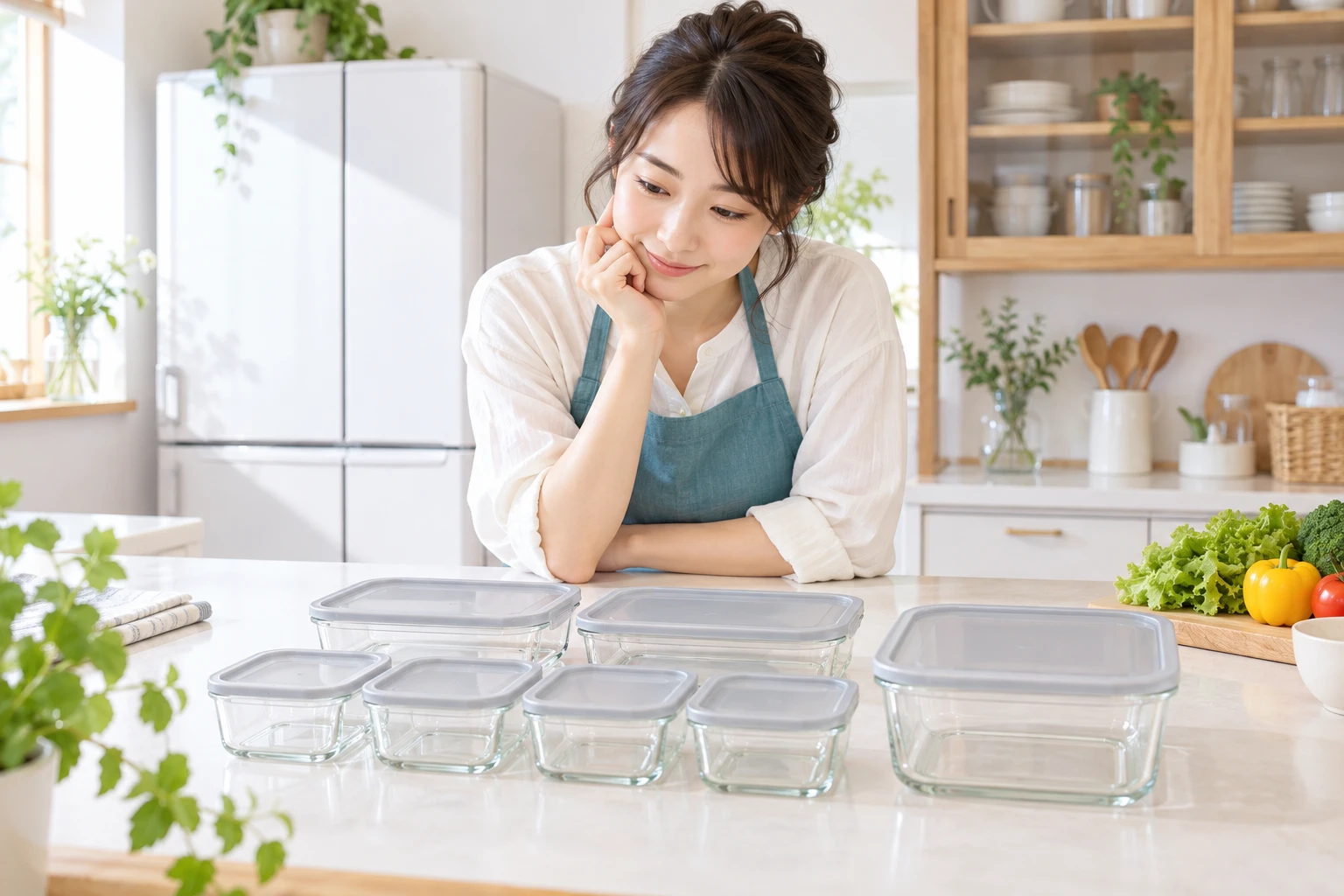 大小の保存容器を前に使い道を考える生活イメージ