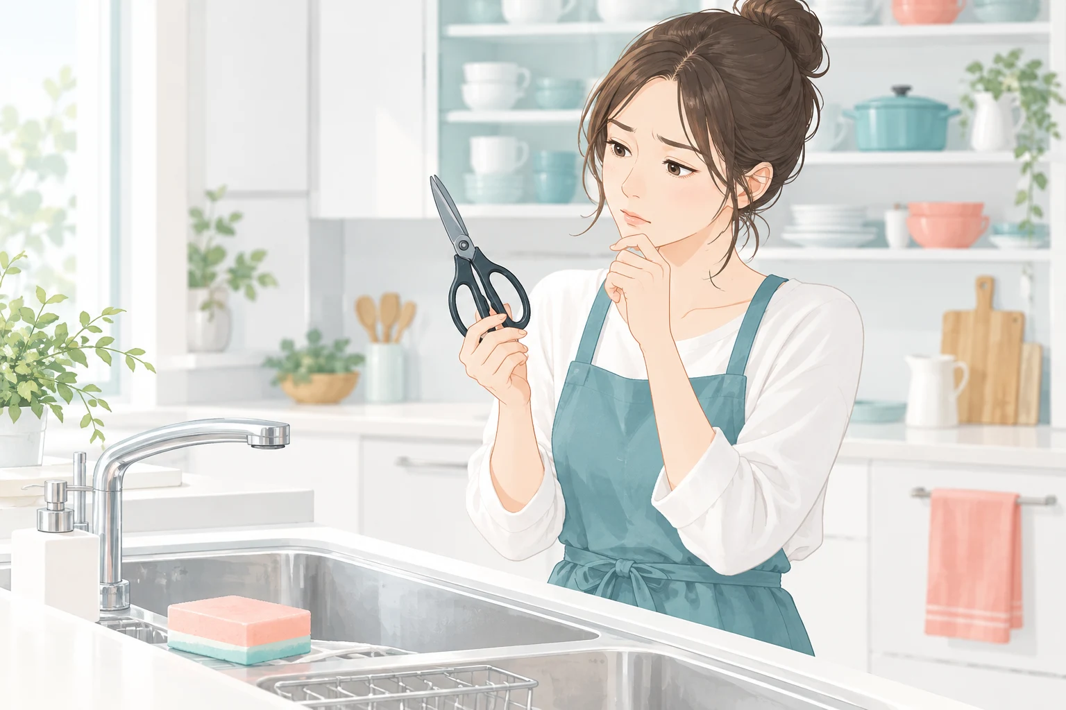 手持ちのはさみの合わせ目を確かめる生活場面