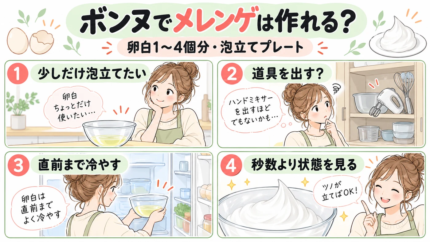 レコルト ボンヌRCP-7でメレンゲは作れる？卵白1〜4個・50秒〜2分の泡立て目安