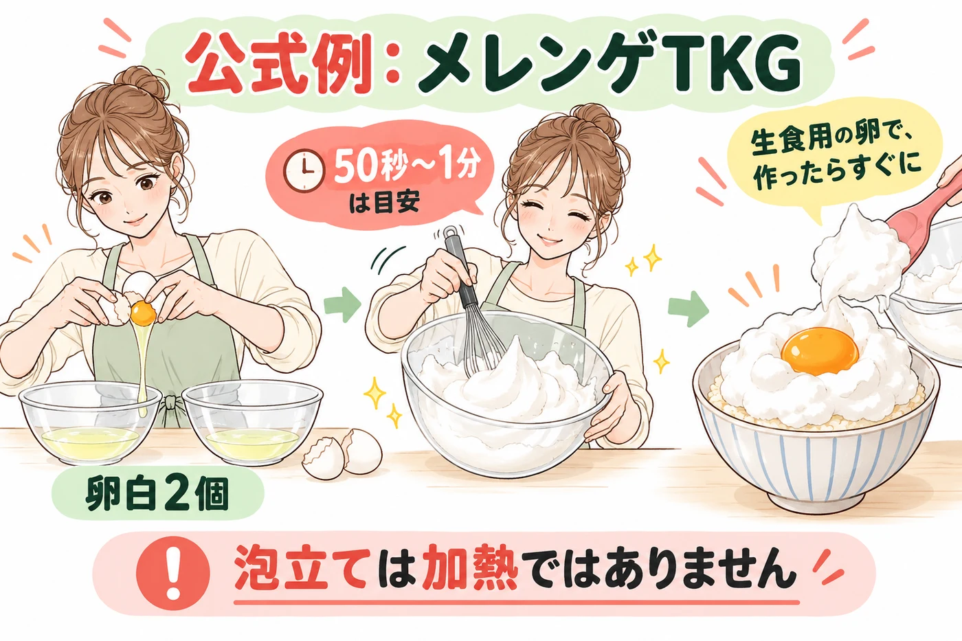 卵白2個のメレンゲTKG公式例と生卵の注意