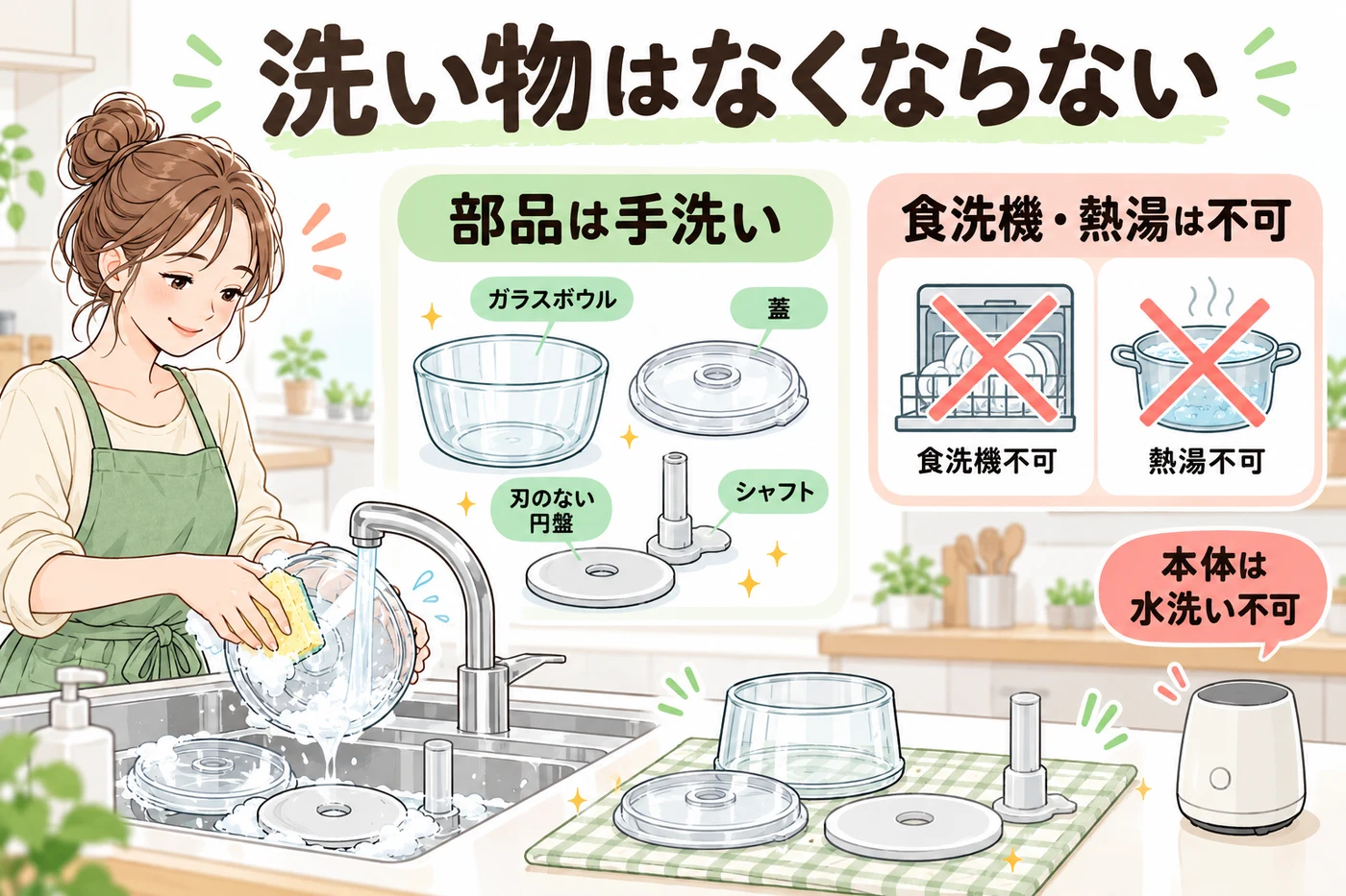 部品の手洗いと本体水洗い禁止の説明