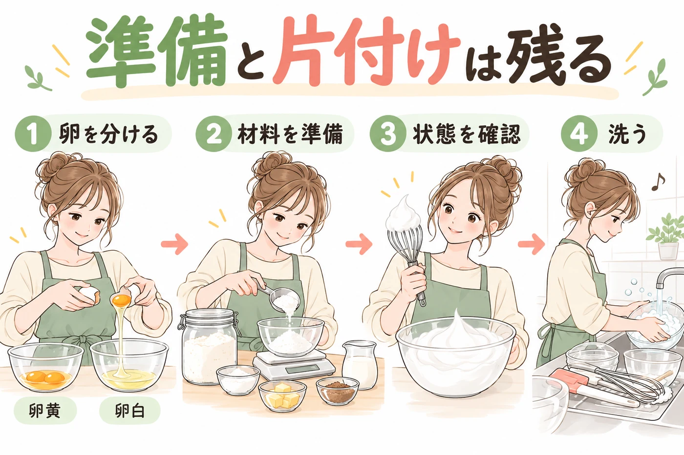 卵を分ける準備と片付けが残る説明