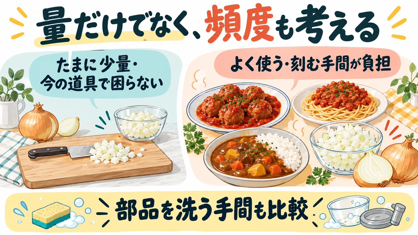 少量低頻度とよく刻む場合の道具選びを考える図