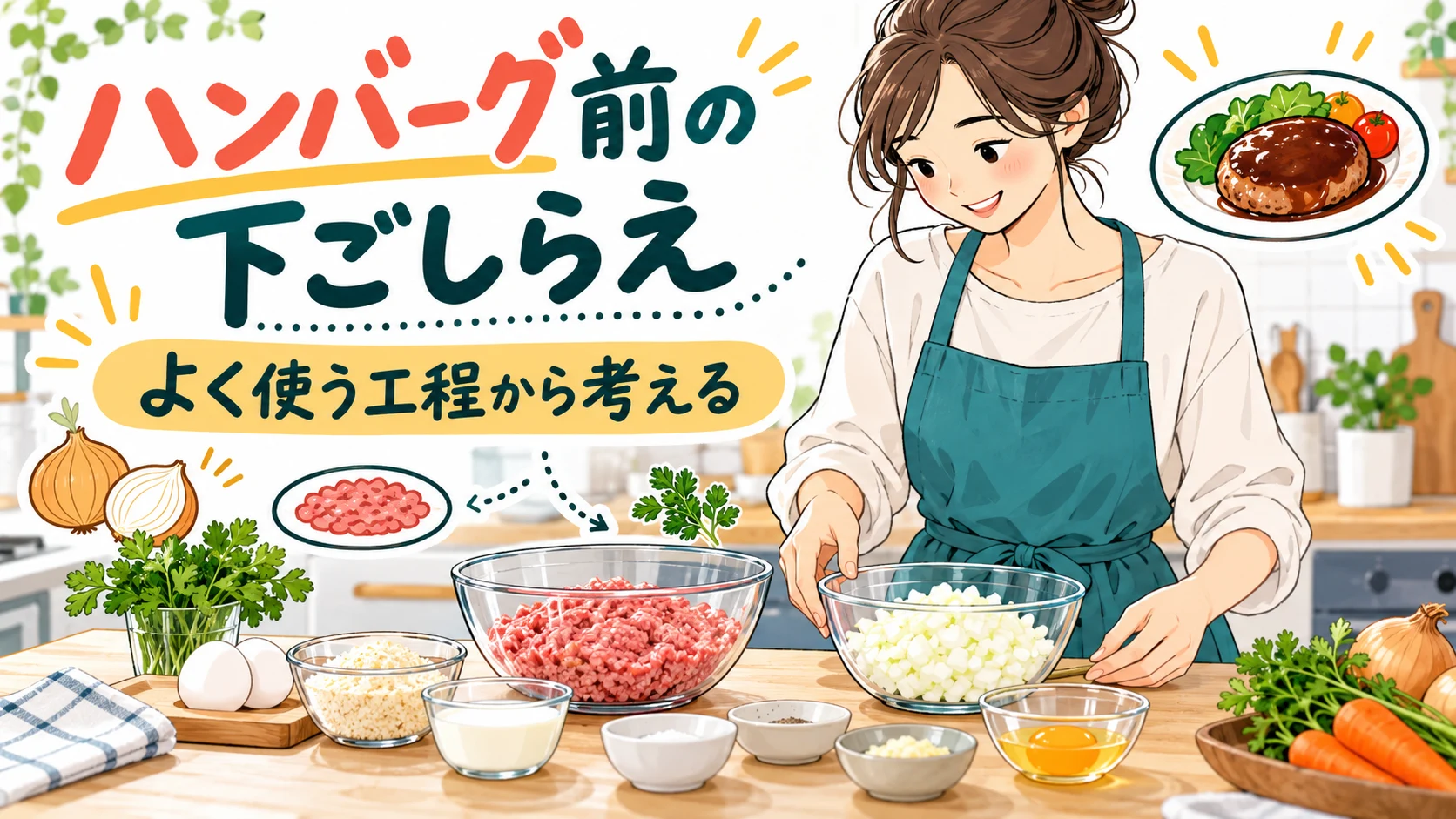 ハンバーグ作りで玉ねぎの下ごしらえを考える生活イメージ