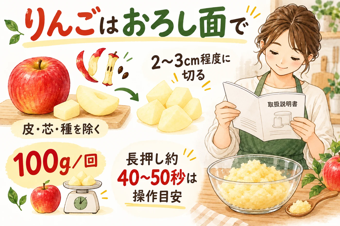りんごすりおろしのパーツと量と時間の目安