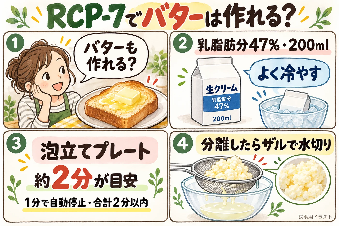 レコルト ボンヌRCP-7でバターは作れる?乳脂肪分47%の生クリーム200mlで作る公式手順