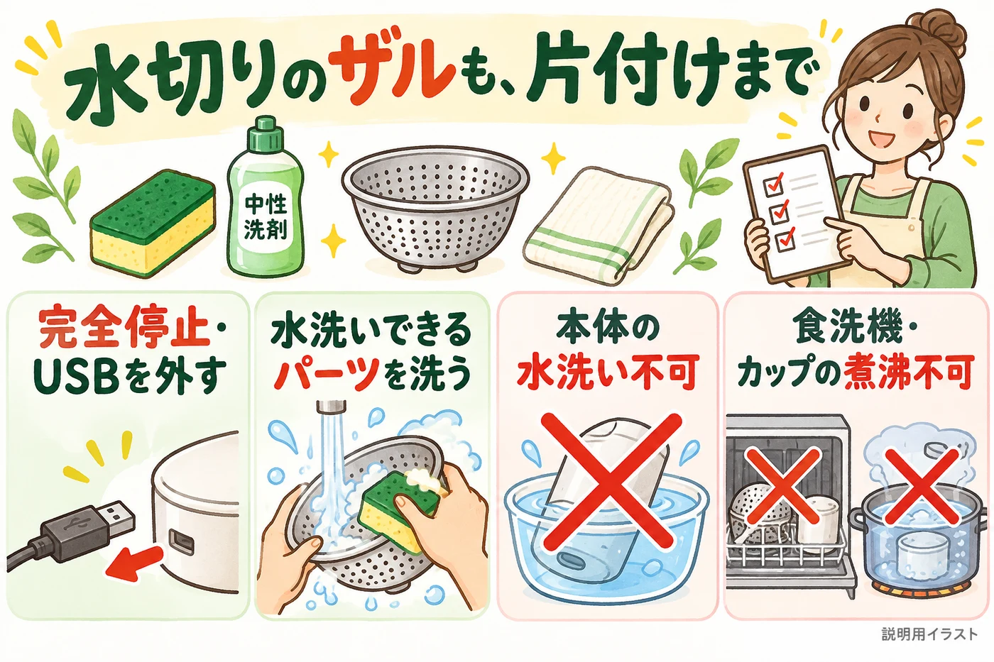バターづくりの後は使用パーツとザルを片付ける