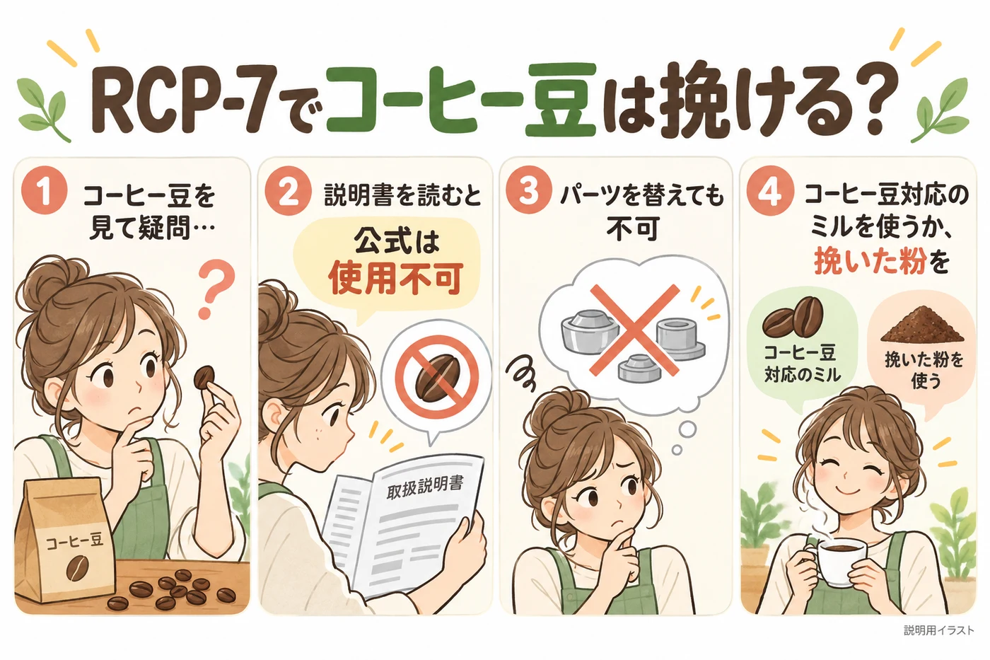 レコルト ボンヌRCP-7でコーヒー豆は挽ける？公式では使用不可・ミル代わりにしない