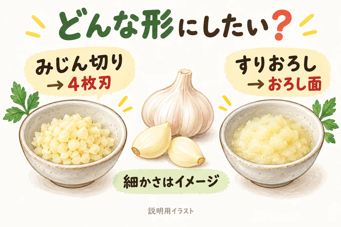 みじん切りは4枚刃、すりおろしはおろし面