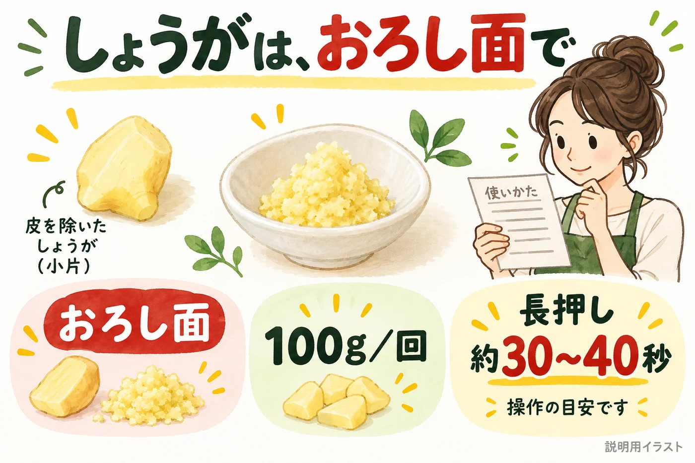 しょうがに使う面と量と操作目安