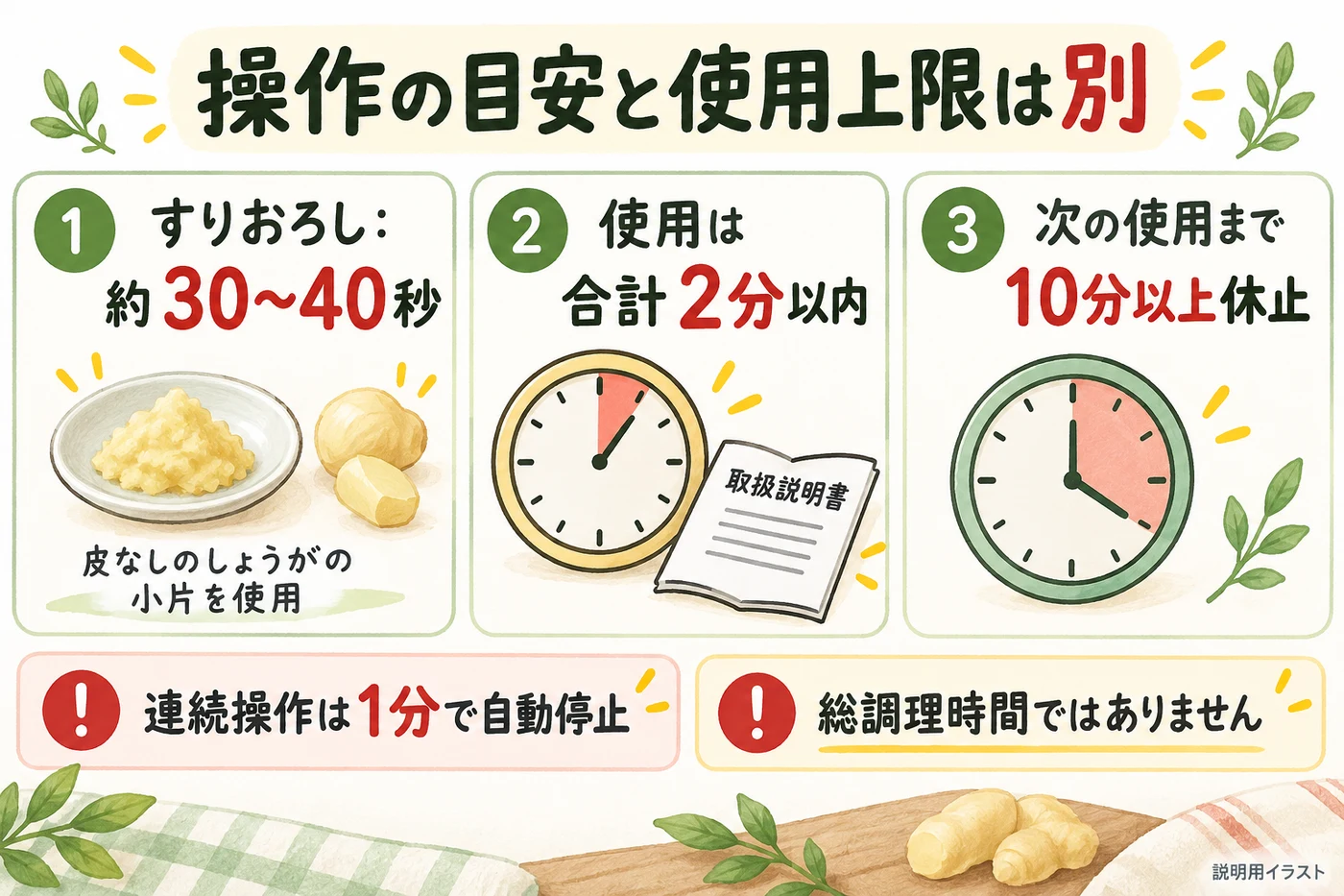 しょうがの操作時間と使用上限