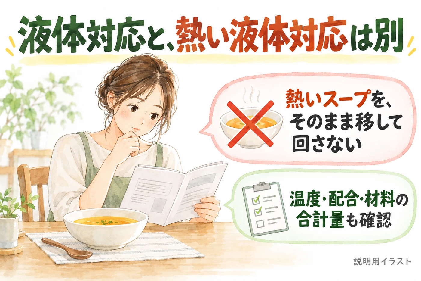 液体対応と熱いスープへの対応は別