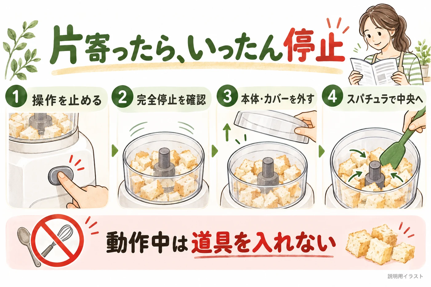片寄ったら完全に止めてから材料を寄せる