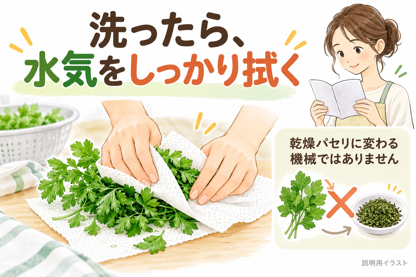 洗ったパセリの水気を拭き取る