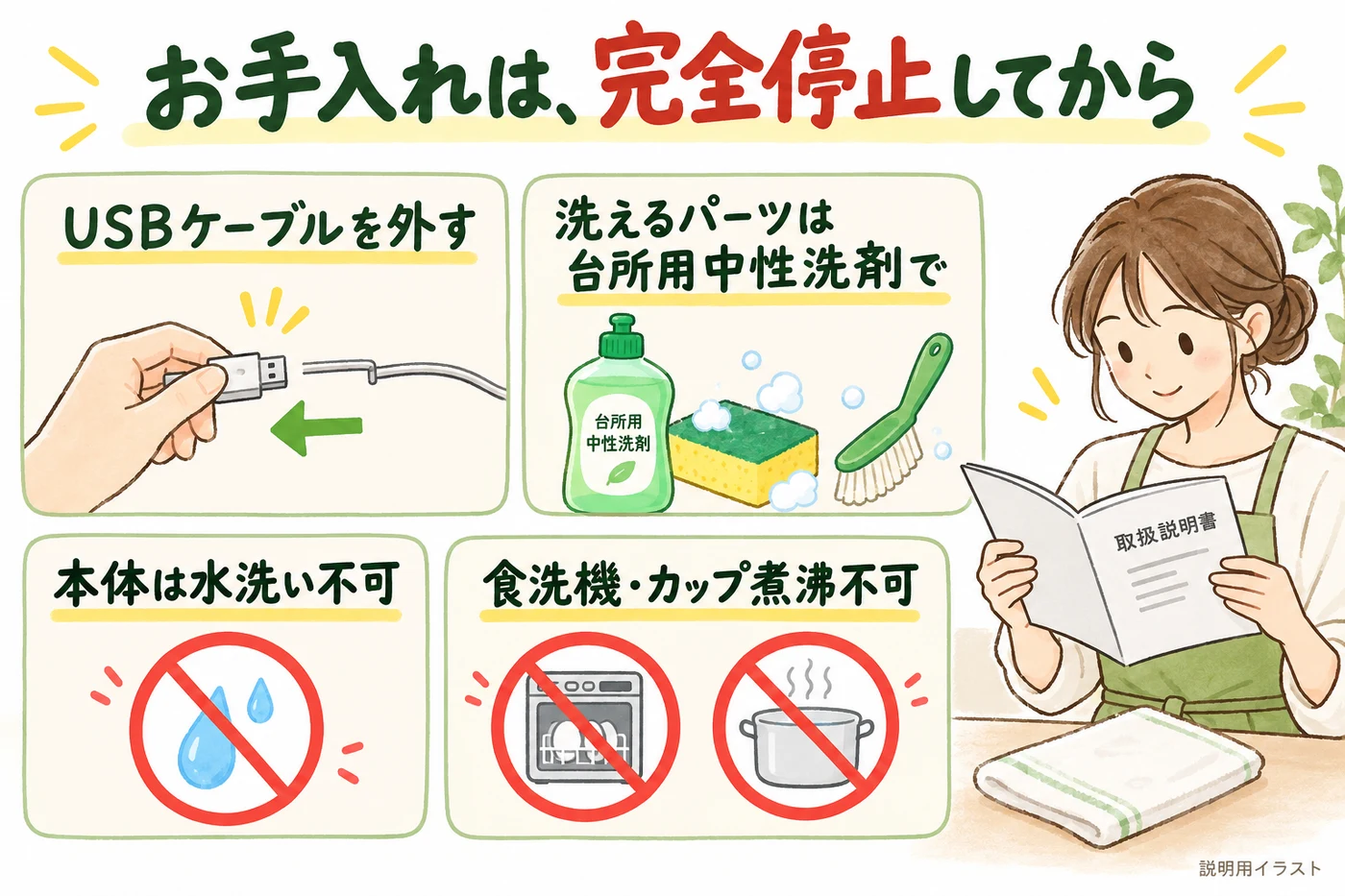 使用後のお手入れと本体の水洗い禁止