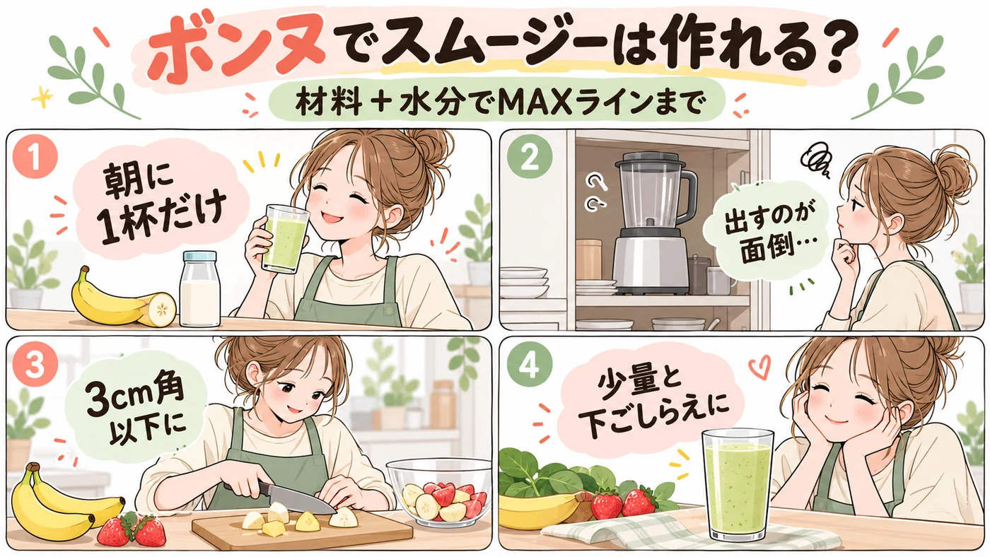 レコルト ボンヌRCP-7でスムージーは作れる?500mlまで・3cm角以下とミキサー代わりになる範囲