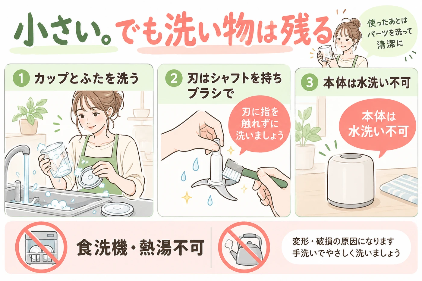 刃とカップの手洗いと本体水洗い禁止