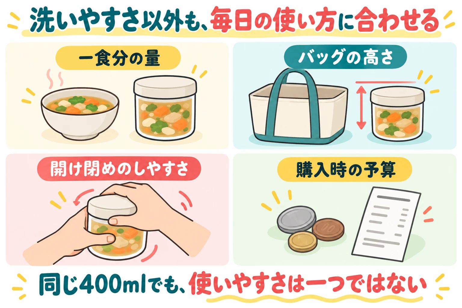 一食量・バッグ・開け閉め・予算も確認
