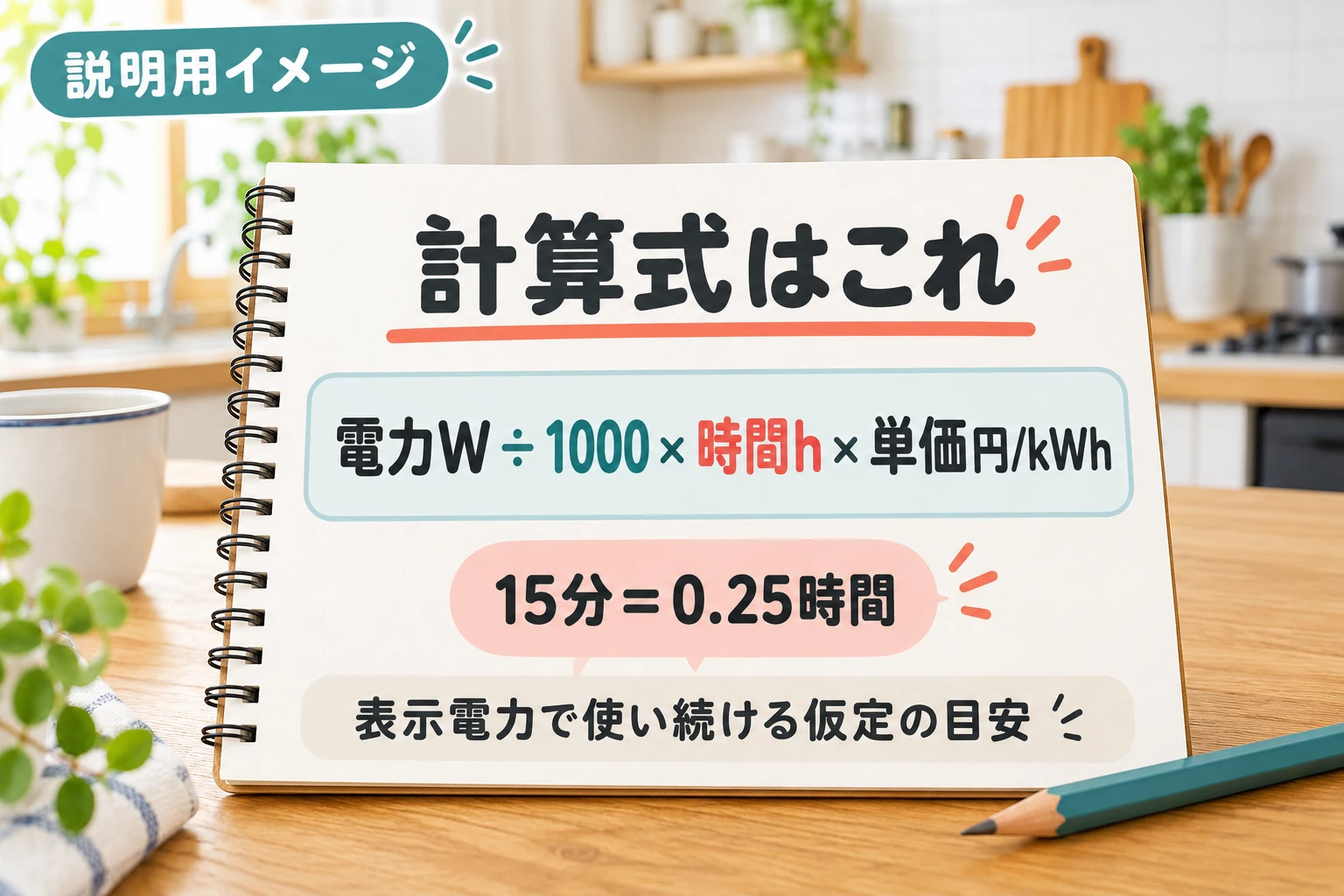 電力と使用時間と単価による計算式（説明用の生成イメージ）
