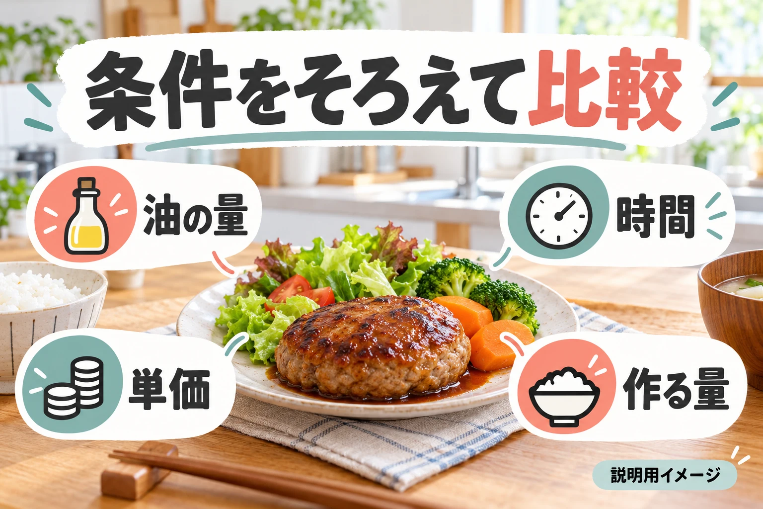 同じ料理と条件で費用を比較（説明用の生成イメージ）