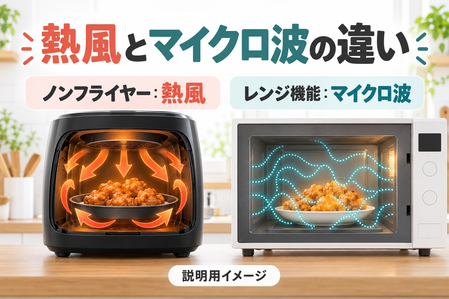 熱風とマイクロ波の加熱方式の違い（説明用の生成イメージ）