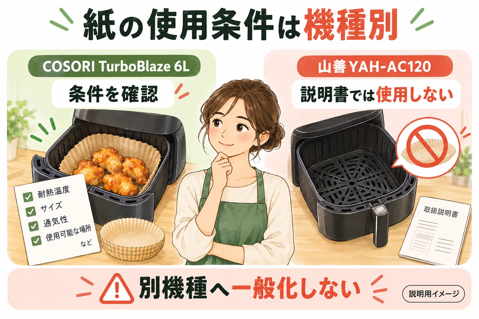 COSORIと山善の対象型番で異なる用紙条件（説明用の生成イメージ）