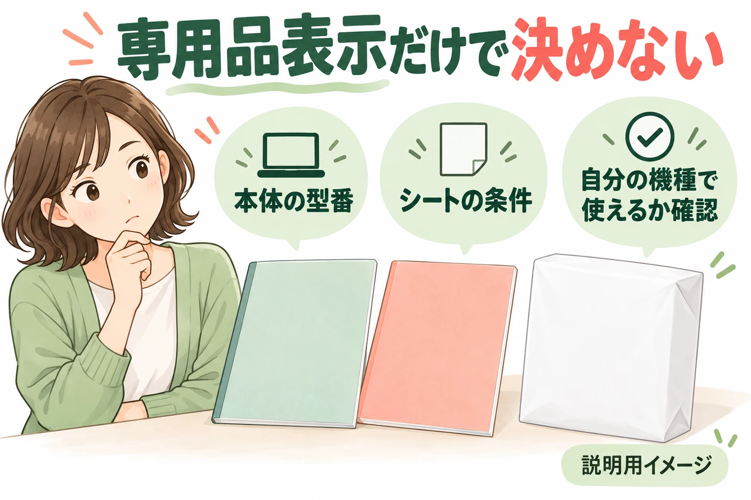 専用品表示だけで紙の適合を判断しない（説明用の生成イメージ）