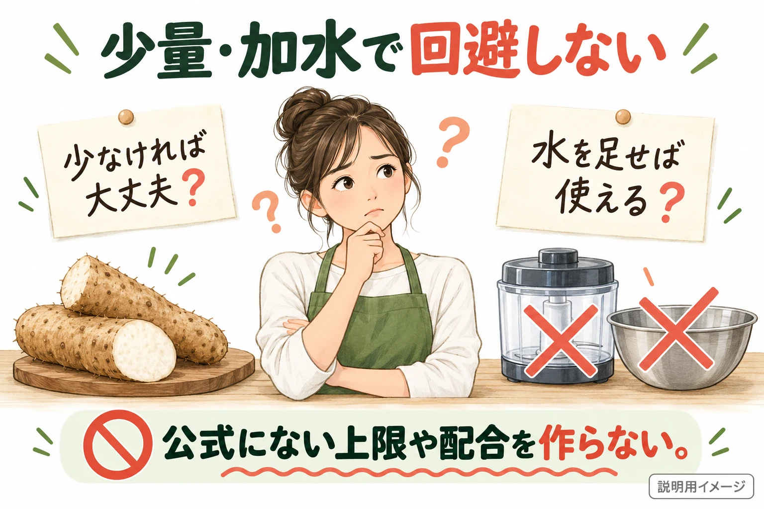 少量化や加水で対応条件を作らない(説明用の生成イメージ)