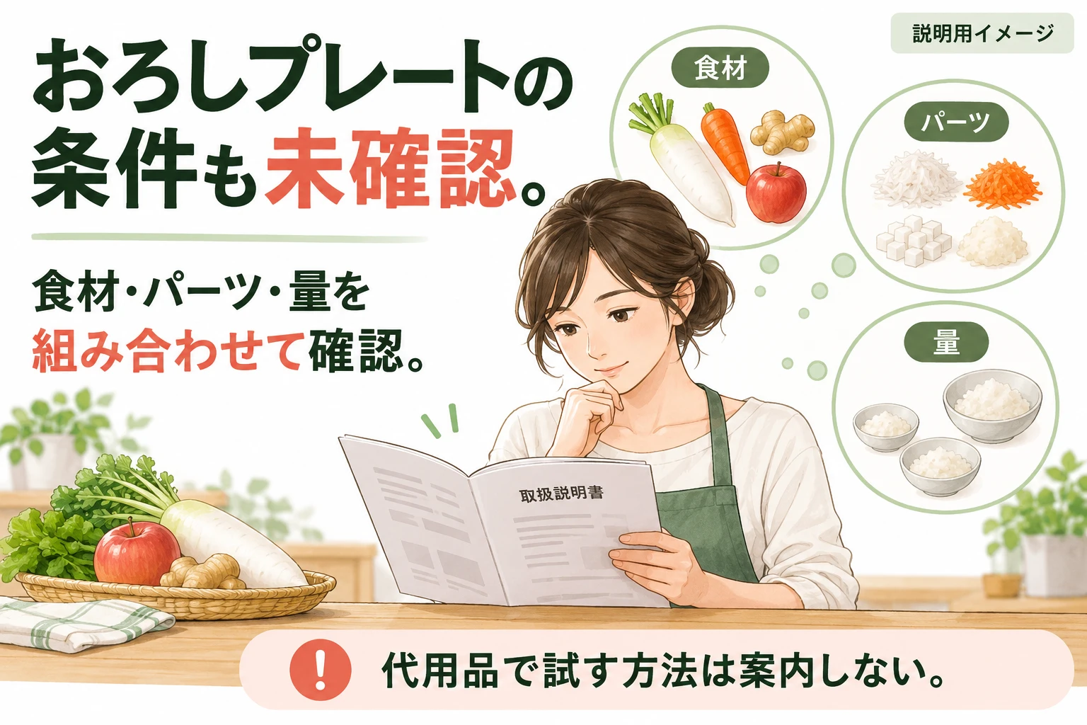 おろしプレートの専用条件も確認する(説明用の生成イメージ)