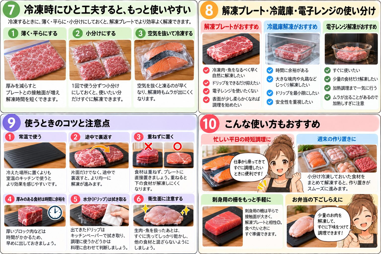 冷凍時の工夫と解凍プレートの使い方の図解