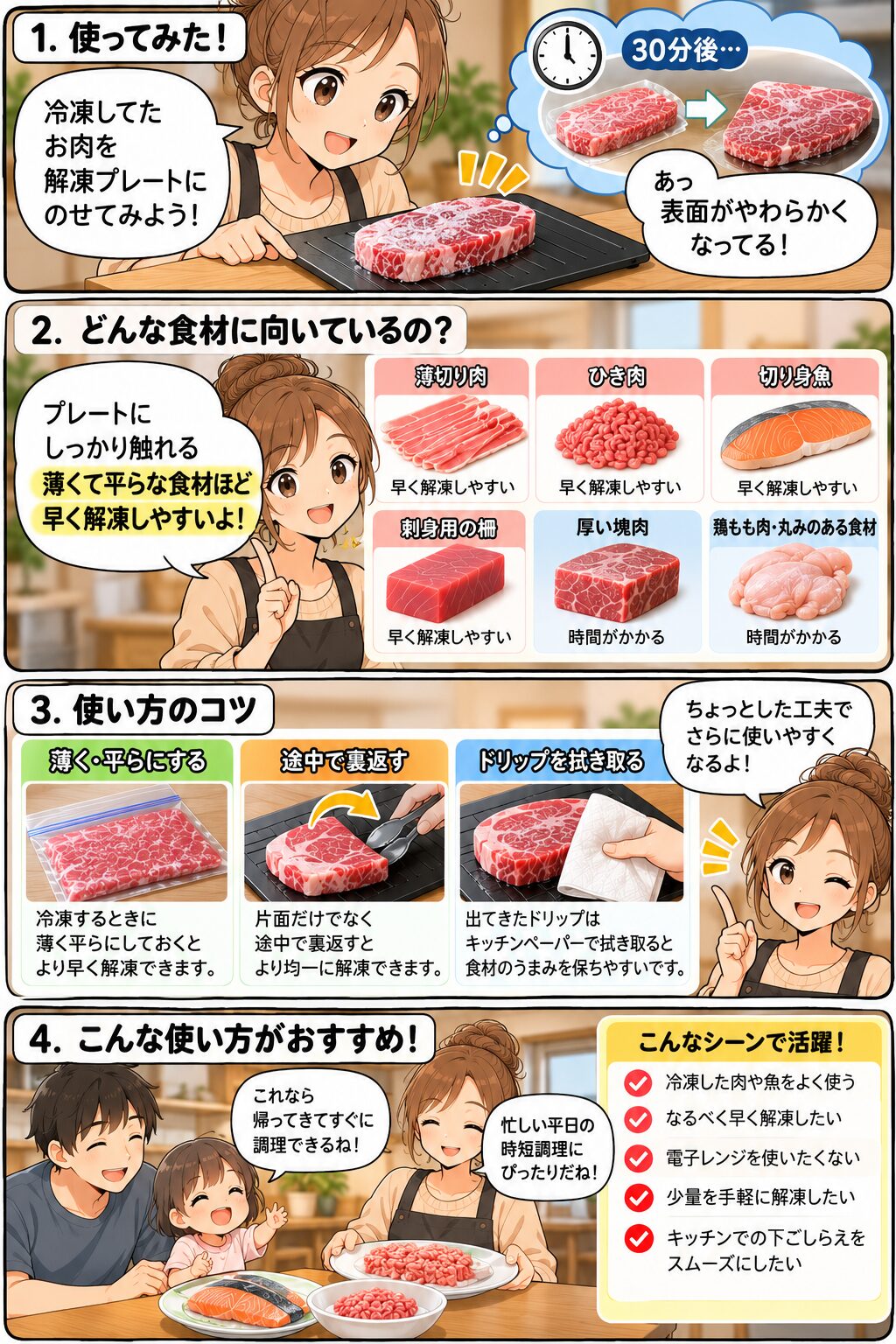 解凍プレートの使い方をまとめた4コマ漫画