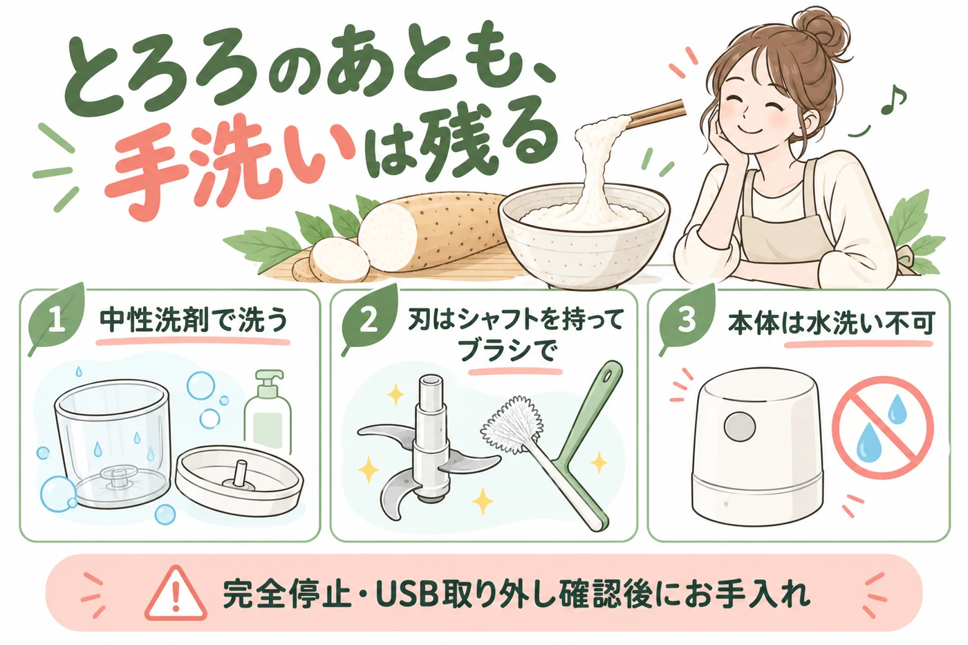 4枚刃のブラシ洗いと本体水洗い不可の注意