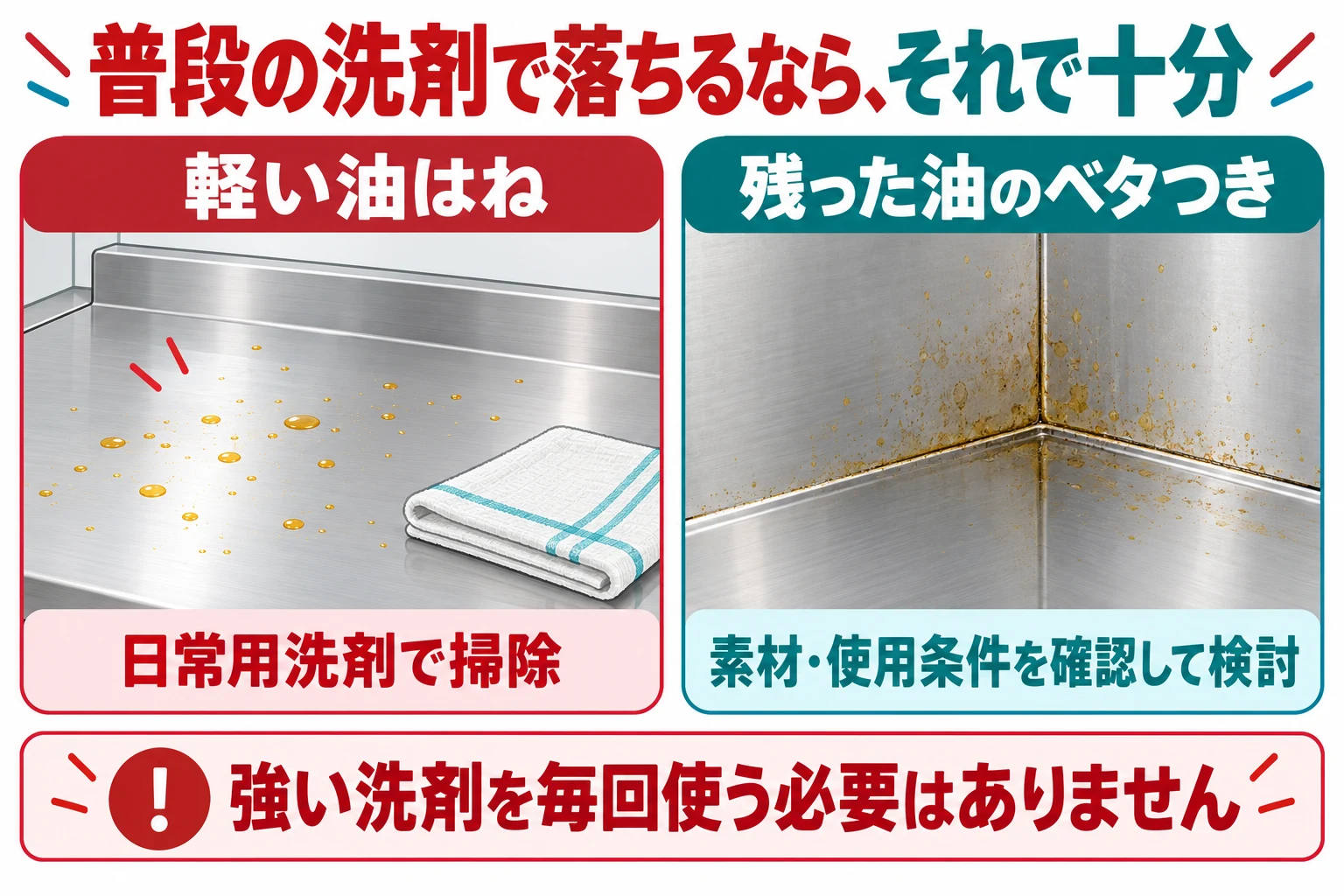 軽い油はねと残ったベタつきの掃除を分ける概念図