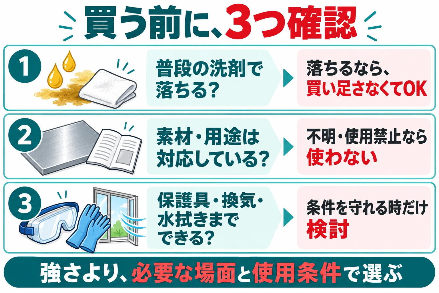 普段の洗剤と素材と保護具から購入の必要性を考える図