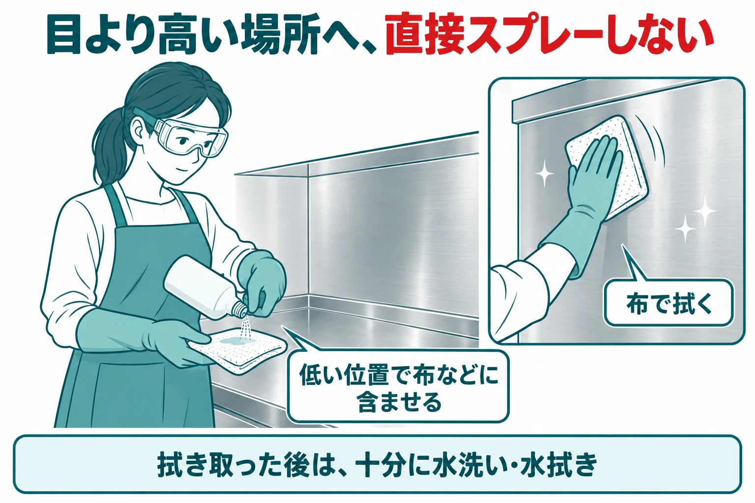 低い位置で布へ含ませて高い場所を拭く説明図