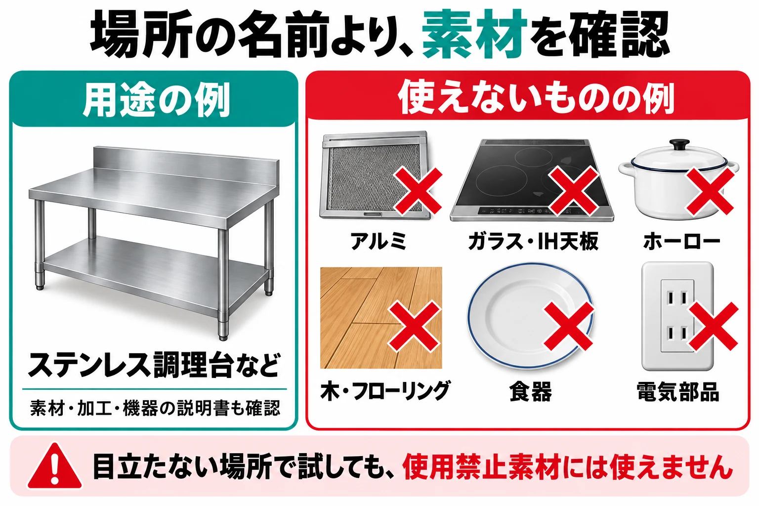 ステンレス調理台という用途例とアルミやガラスなどの使用不可例
